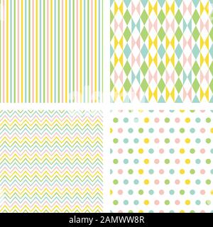 Vektorsatz für geometrische Muster. Sammlung abstrakter, nahtloser Hintergründe mit Wiederholungsdesign in Springtime Colors. Stock Vektor