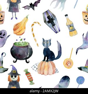 Nahtlose Muster für Halloween. Kürbis, Gespenst, Fledermaus, Süßigkeiten und andere Stockfoto