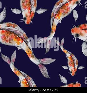 Aquarell rainbow Karpfen Muster. Nahtlose orientalische Textur mit isolierten Hand gezeichnete Fische. Stockfoto