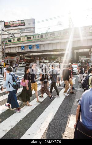 Tokio, Japan. August 2019. Fußgänger am Querswalk vor dem Bahnhof Ueno in Tokio. (Foto: Goznales Foto - Georg Wallner). Stockfoto