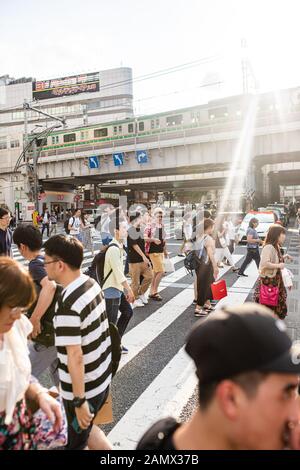 Tokio, Japan. August 2019. Fußgänger am Querswalk vor dem Bahnhof Ueno in Tokio. (Foto: Goznales Foto - Georg Wallner). Stockfoto