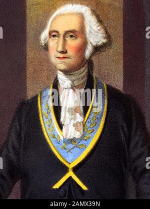 Vintage-Porträt mit der Darstellung von George Washington (1732 - 1799) in der Kleidung eines Freimaurers. Washington war Befehlshaber der kontinentalen Armee im amerikanischen Unabhängigkeitskrieg (1775 - 1783) und der erste US-Präsident (1789 - 1797). Detail aus einem Druck von Strobridge & Co. Aus Cincinnati um das Jahr 1867 mit dem Titel "Washington As A Freemason". Stockfoto