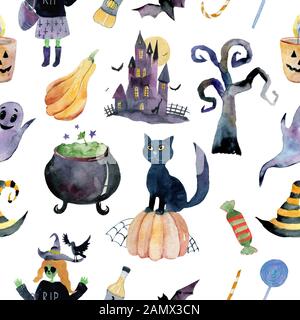 Nahtlose Muster für Halloween. Kürbis, Gespenst, Fledermaus, Süßigkeiten und andere Stockfoto