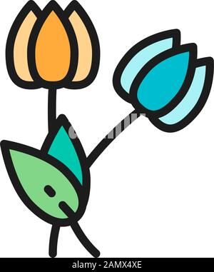 Blumen, Tulpen - Symbol mit flacher Farblinie. Isoliert auf weißem Hintergrund Stock Vektor