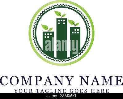 Logo des grünen Gebäudes, Idee des Wohnungslogos Stock Vektor