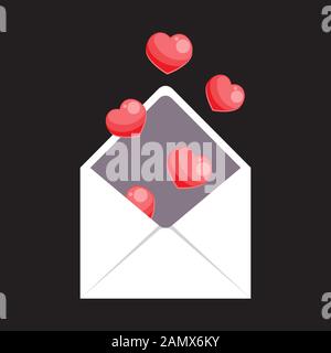 Ein offener Umschlag mit Herzen, die aus ihm heraus auf einem schwarz isolierten Hintergrund fliegen. Vektorbild. Cartoon. Stock Vektor
