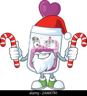 Purpurner Zaubertrank Zeichentrickfigur in Santa Kostüm mit Süßigkeiten Stock Vektor