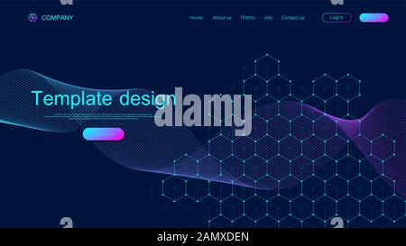 Landing Page tech Hintergrund mit bunten dynamische Wellen- und sechseckigen Felder. Geometrische abstrakt Hintergrund mit Linien und Punkten, cube Zelle. Website Stock Vektor