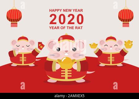 Happy Chinese New Year 2020 Jahr der Ratte Banner Design. Kleinen Niedlichen Ratte in rot Kostüm cartoon Vektor Stockfoto