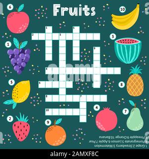 Kreuzworträtselspiel mit Früchten für Kinder Stock Vektor