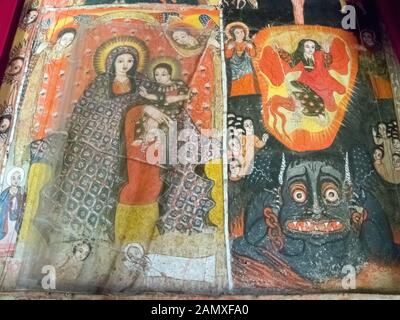 Religiöse Wandbilder im Kloster Kebran Gabriel, Kebran Gabriel Island, Lake Tana. Jahrhundert eingerichtet und während der Herrschaft E wieder aufgebaut Stockfoto