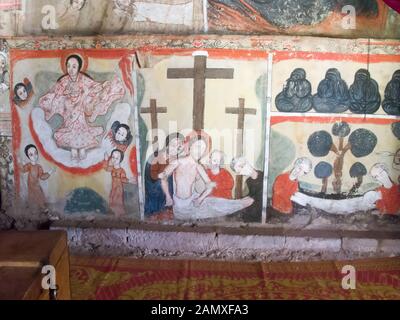 Religiöse Wandbilder im Kloster Kebran Gabriel, Kebran Gabriel Island, Lake Tana. Jahrhundert eingerichtet und während der Herrschaft E wieder aufgebaut Stockfoto