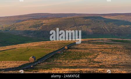 Goldene Stunde über die swaledale und Black Hill, vom Buttertubs Pass (Cliff Gate Rd) in der Nähe von Thwaite, North Yorkshire, England, UK gesehen Stockfoto