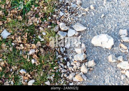 Hintergrund mit zwei Hälften, eine grüne mit Gras und andere mit Weiß grau Sand und Steine Stockfoto