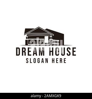 Klassische Ideen für das Logo eines Traumhauses. Inspiration Logo Design. Darstellung Des Vektor-Vorlagenbildes. Isoliert Auf Schwarzem Hintergrund Stock Vektor