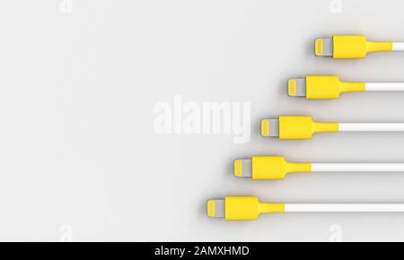 Gelb-weißes USB-Anschlusskabel auf grauem Hintergrund, Technologie- und Hardware-Konzept, Copyspace. 3D-Rendering. Stockfoto