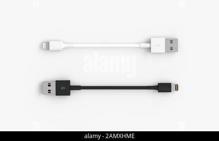 Paar schwarze und weiße usb-Kabel auf weißem Hintergrund, horizontalem Format und flachem Lay. Copyspace. 3D-Render-Verbindungskonzept. Stockfoto