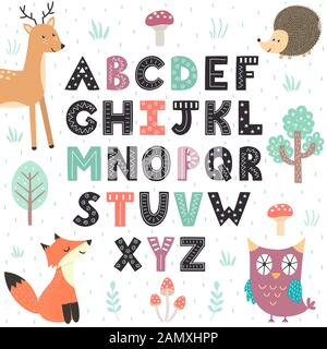 Alphabet Poster mit niedlichen Waldtieren. Wandkunst für Kinder Stock Vektor