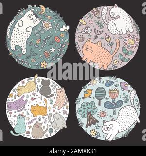 Kreiselförmige Designs mit lustigen Katzen. Kinderdesign Stock Vektor