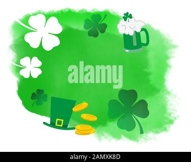 St. Patrick's Day aquarell Splash Hintergrund Abbildung mit Shamrocks, Kobold hat, grünes Bier und Goldmünzen. Digital erstellt. Stockfoto