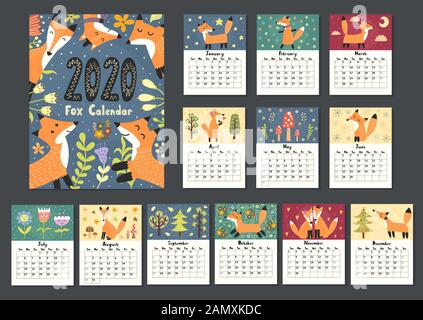 Fantastischer Fuchskalender für das Jahr 2020. Zwölf Monate Hintergrund Stock Vektor