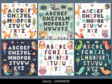 Sammlung von Alphabeten mit niedlichen Zeichen. Wandkunst für Kinder Stock Vektor