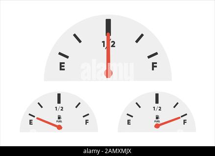 Gasbehälteranzeige. Satz Kraftstoffvorratskalen. Kraftstoffanzeige. Kraftstoffanzeige. Ölstandsanzeige am Tank. Kraftstoffanzeige für die Sammlung an einem weißen Stock Vektor