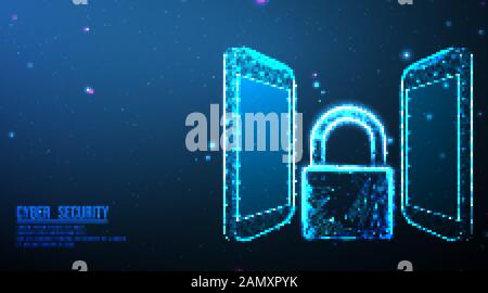 Mobiltelefon. Smartphone und Vorhängeschloss, Schloss, Schlüsselloch. Sicherheitskonzept: Von Punkt und Linie verbinden, Vektorgrafiken, futuristisches Design auf dunklem blu Stock Vektor