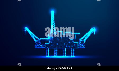 Offshore Jack Up Rig in The Middle of The Sea, Oil Industry. Abstraktes Design mit niedrigem Poly-Drahtgeflecht. Von Punkt und Linie verbinden. Vektordarstellung Stock Vektor