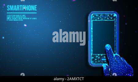 Berühren Sie Smartphone mit der Hand. Fingersicherheitskonzept. Abstraktes, poliertes Drahtgitterdesign. Von Punkt und Linie verbinden. Vektordarstellung. Futuristisch Stock Vektor