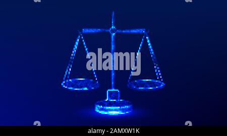 Maßstab der Gerechtigkeit. Abstraktes, poliertes Drahtgitterdesign. Von Punkt und Linie verbinden. Vektordarstellung auf blauem Hintergrund Stock Vektor