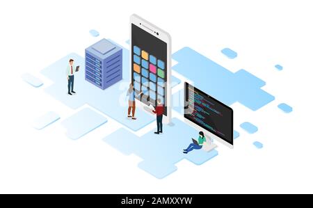 Mobile App Entwicklung mit der Programmiersprache und Server mit Team Developer und isometrische Design Style-Vektor Stockfoto