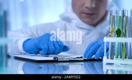 Biologe beobachtet Pflanzen im Reagenzglas und schreibt Informationen über Wachstumsänderungen Stockfoto