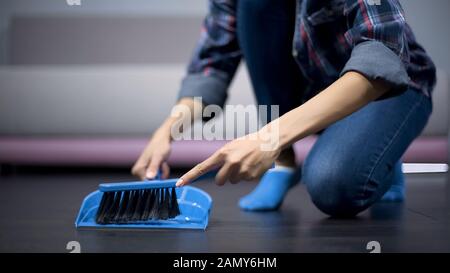 Die junge Hausfrau putzt makellosen Boden mit Pinsel und Staubpfanne, gute Hygiene Stockfoto