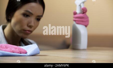 Perfektionist sorgt dafür, dass die Hausmöbel vollständig von Flecken entfernt sind Stockfoto