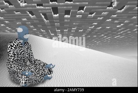 Surrealismus. Figur des Mannes im Anzug mit Labyrinthmuster sitzt in lotus-pose in weißer Wüste Stockfoto