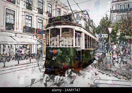 Digital verbessertes Bild einer grünen Straßenbahn in den überfüllten engen Straßen von Lissabon, Portugal Stockfoto