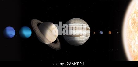 3d-Abbildung. Planeten im Sonnensystem in Originalgröße Stockfoto