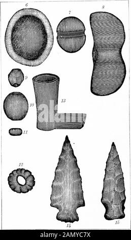 Fortschrittsbericht 1874-1889, A-Z .. . halten Sie das fest. Viele dieser Hämmer waren auf den Höfen von Ephraim Dreibelbies und Simon Dreibel-bies, Virginsville, gegründet worden, obwohl das besondere, das dargestellt wurde, von T.B. stammt Knabbs Farm in Oley. Es ist an den Kanten stark verschlissen. Mühlsteine.-EINIGE der kleineren indischen Mühlsteine sind erhalten geblieben, die größeren Exemplare wurden als Vorzaunbau verwendet usw. Sie bildeten den Herd, auf dem der Mais mittels Pfahl gemahlen wurde, und usuallyshow seichte Hohlräume auf einer Seite für den Empfang des Maises.EINE fast ähnliche Klasse von Reliquien sind Stockfoto