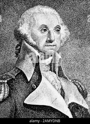 Jahrgangsporträt von General George Washington (1732 - 1799) - Kommandeur der kontinentalen Armee im amerikanischen Revolutionären Krieg/Unabhängigkeitskrieg (1775 - 1783) und erster US-Präsident (1789 - 1797). Detail aus einem Druck von ca. 1812 aus einer Gravur von Thomas Gimbrede. Stockfoto