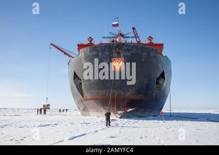 50 Jahre Sieg (russischer Icebreaker) auf Eis am geographischen Nordpol Stockfoto