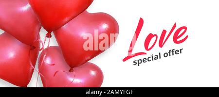 Valentines Verkaufsbanner. Realistische Herzballons fliegen auf weißem Hintergrund. Valentines Day Banner Stock Vektor