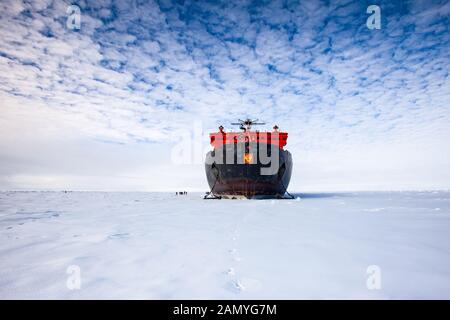 50 Jahre Sieg (russischer Icebreaker) auf Eis am geographischen Nordpol Stockfoto
