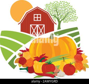 Herbst Ernte. Obst, Gemüse, Laub und Rosen Landschaft Landschaft und rote Scheune im Hintergrund, Vektor Stock Vektor