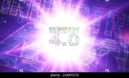 Industrie 4.0 Zeichen futuristische 3D Rendering Illustration. Abstrakte Digitale intro Hintergrund. Konzept der Innovation, cyber Technologie, Business, automatisieren Stockfoto