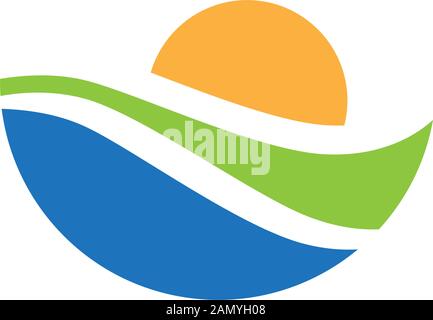 Abstrakte grünes Feld, Blue Wave und orange Sun, Vektor abstrakte Landschaft Stock Vektor