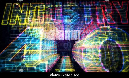 Industrie 4.0 Zeichen futuristische 3D Rendering Illustration. Konzept der Innovation, cyber Technologie, Business, Fabrik Automatisierung und Robotik. Ab Stockfoto