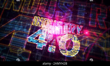 Industrie 4.0 Zeichen futuristische 3D Rendering Illustration. Konzept der Innovation, cyber Technologie, Business, Fabrik Automatisierung und Robotik. Ab Stockfoto