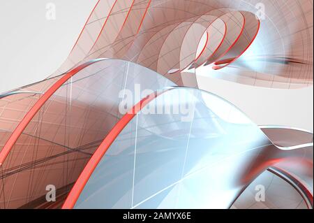 3D-Abstraktion einer transparenten Glas willkürliche Zahl mit chaotischen Linien in roten Schatten. Stockfoto
