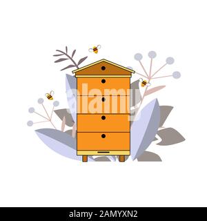 Bienenstock-Ikone mit Bienen und Pflanzen Silhouette. Konzept des Waldbienenfarms. Logo oder Designelement für Webdesign isoliert auf Weiß Stock Vektor